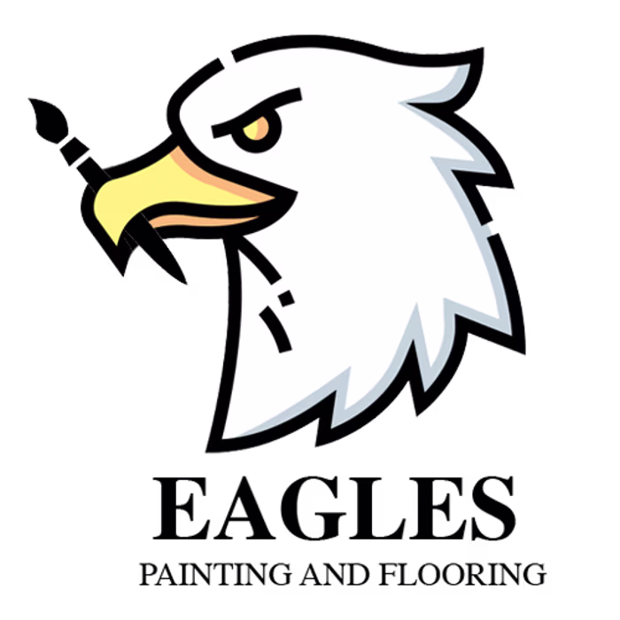 Logo of a stylized eagle head with a paintbrush for a beak. Below the eagle, the text reads EAGLES in large font and PAINTING AND FLOORING in smaller font.